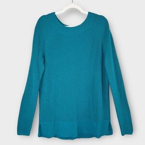 Lands’ End turquoise chunky knit cotton sweater L longline shaker scoop neck